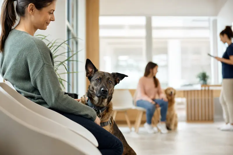 Ein Karst Schäferhund sitzt ruhig neben seinem Besitzer im hellen Wartezimmer einer modernen Tierarztpraxis.